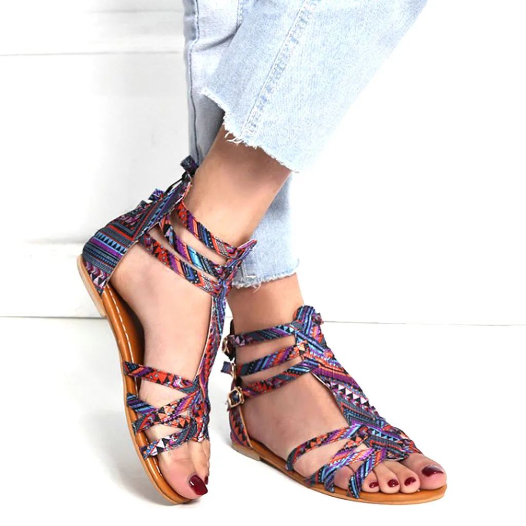 

woman 2019 slippers Women's Open Toe National Wind Embroider Sandals Bohemian Style Sandals Large Size Contrast zipper Sandals