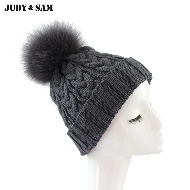 

Women Winter Hats with Real Big Fox Pompoms detachable Caps Hats For Women Warm Woolen Knitted Beanie Skully Wool Hat Beanies