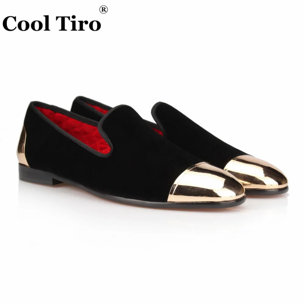

COOL TIRO Fashion Men Party And Wedding Handmade Black velvet Loafers heel Toe cap With Gold metal Dress Shoe Flats