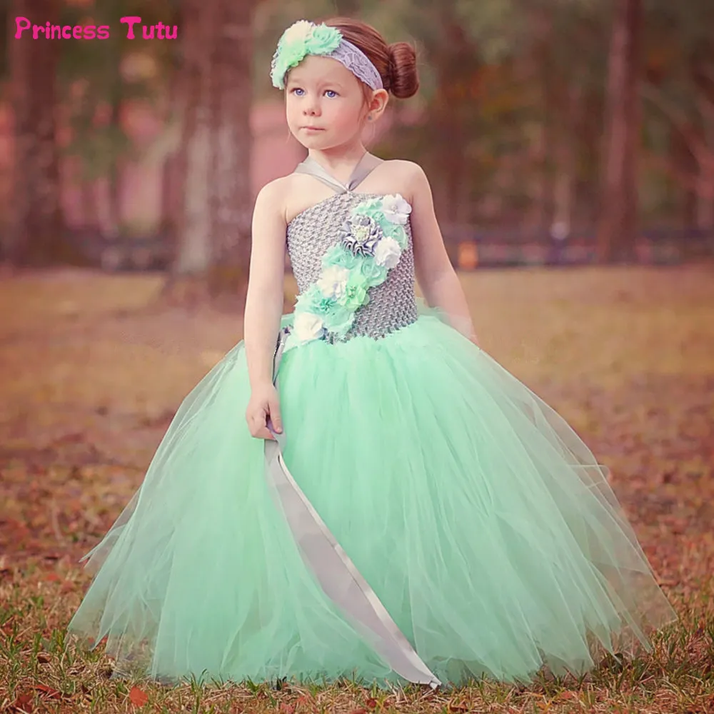 Gray Mint Green Flower Girl Dresses Ankle length Flower Girl Tutu Dress