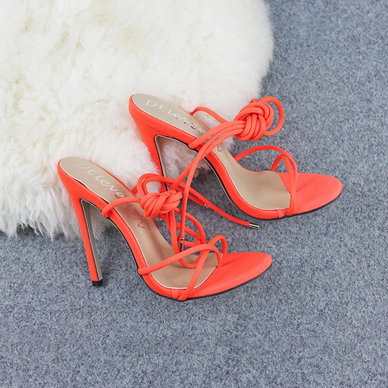 Г., летние яркие сандалии в европейском стиле вечерние туфли-лодочки на высоком каблуке с острым носком, кружевом и ремешком на щиколотке женские босоножки на тонком высоком каблуке 11,5 см - Цвет: orange