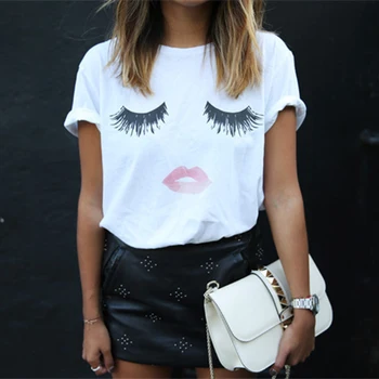 

Trendy New Eyelash Red Lips Tshirts Print Letters Female T-shirt New Summer Tee Shirt Femme Harajuku Shirt Women Tops