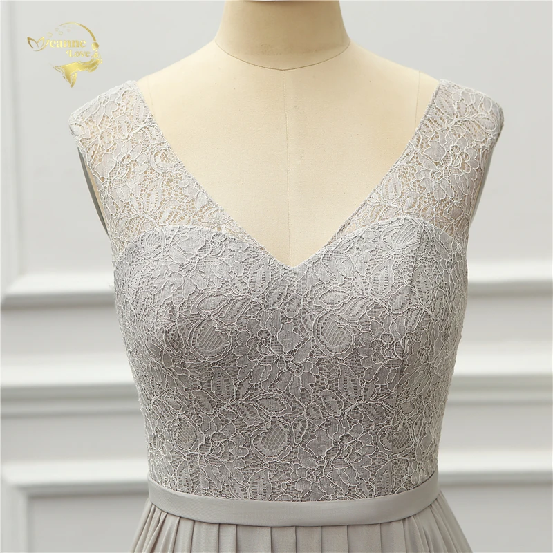 Elegant Gray Lace V Neck Chiffon Long Bridesmaid Dress