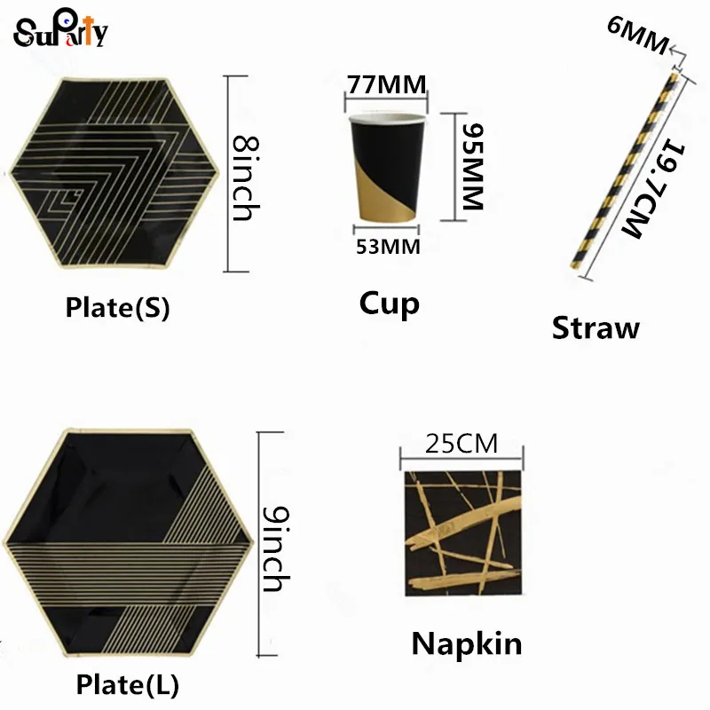 40 комплектов одноразовой посуды, черные с золотом вечерние столовые приборы, бумажные тарелки и стаканы, салфетка, соломинка, для детского душа, декор для помолвки