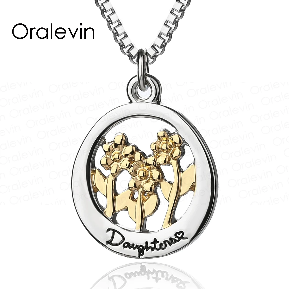 Two Tone Engraved Daughter Flower Pendant Necklace Jewelry Gift for Daughter 18", 10Pcs/Lot ,
