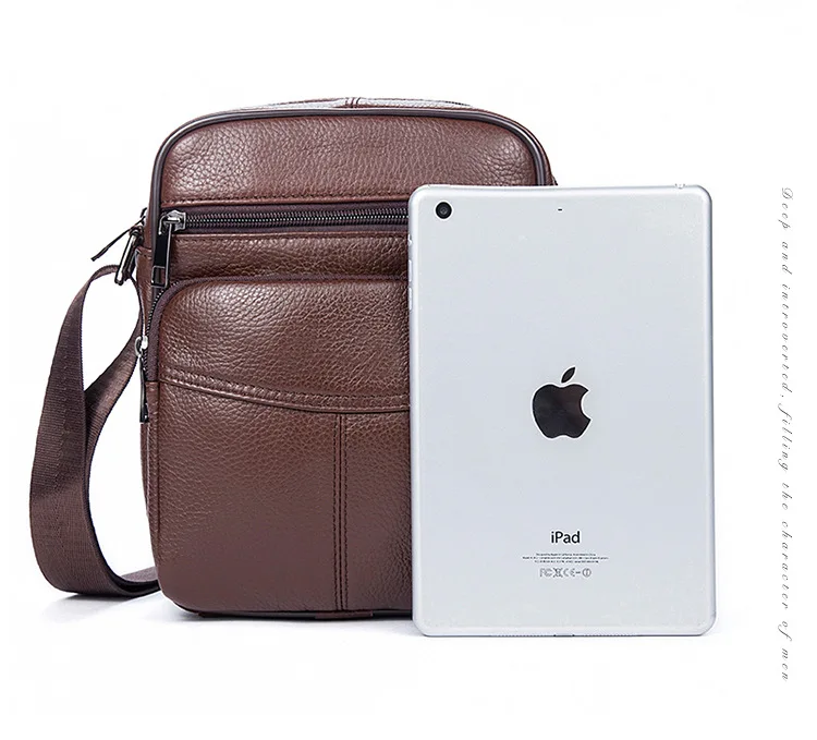 Pure Genuine Leather Men's Bags Litchi Pattern Pure Men Shoulder Bags Cow Leather Casual Soft Surface Zipper Men Crossbody bags