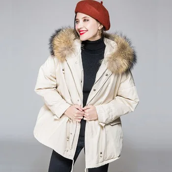 

Winter Jacket Women 2019 Real Natural Raccoon Fur New Fashion Loose Parka White Duck Down Jacket Winter Coat Female Overcoat