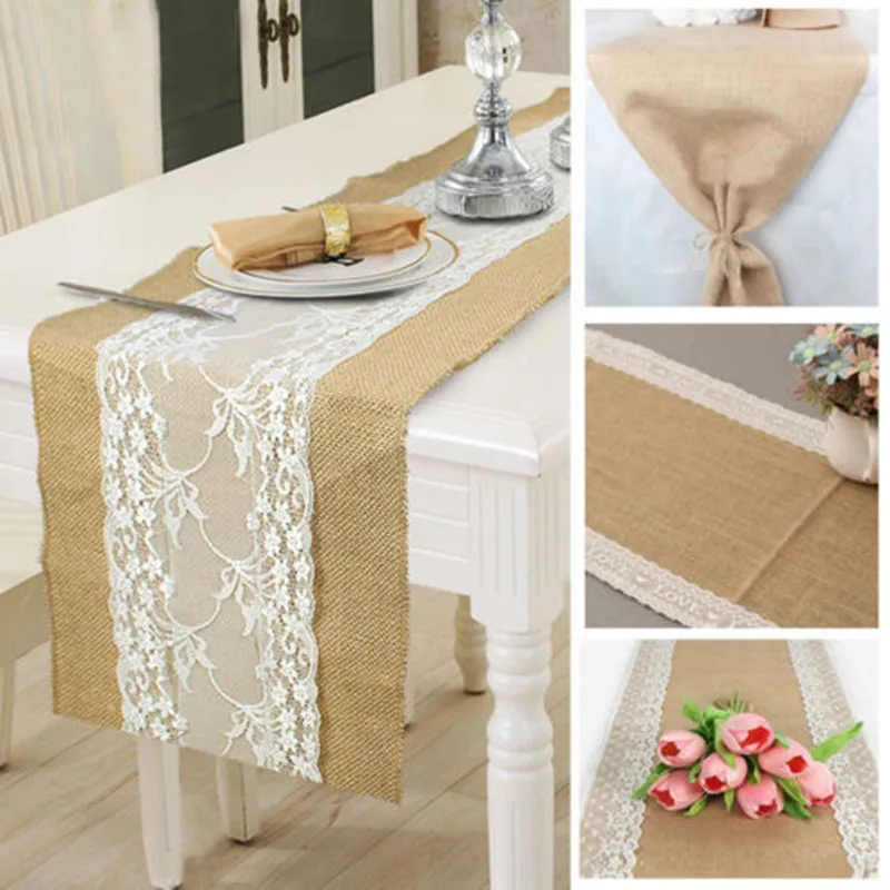 

Hot Hessian Burlap Table Runner Weding Flower Lace Natural Rustic Vintage Home Decor Fashion Lace Linen Table Runners