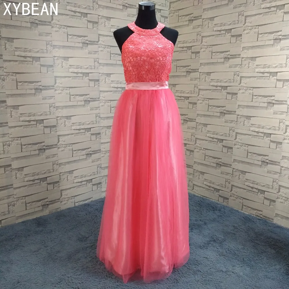 

2018 New Arrival Halter Floor Length Tulle Prom Evening Dresses