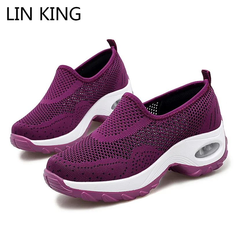 

LIN KING Breathable Hollow Out Women Casual Shoes Plus Size Slip On Fashion Sneakers Lazy Shoes Thick Sole Wedges Platform Shoes