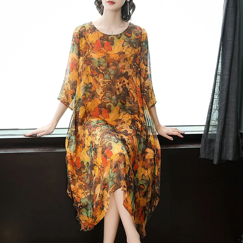

Silk Dress for Women High Quality Plus Size Large Midi Floral Dresses Woman Party Night Summer 2019 Robe Loose Elegant Vestidos