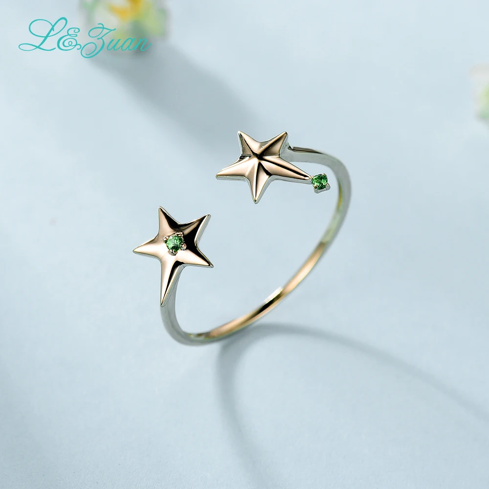 L&Zuan Double Star Sapphire Rings For Women 14K White Gold Natural Gemstone Simple Party Ring Wedding Bands Fine Jewelry 0015-1