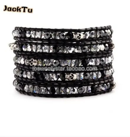 

Free shipping hematite onyx crystal leather wrap bracelet for woman
