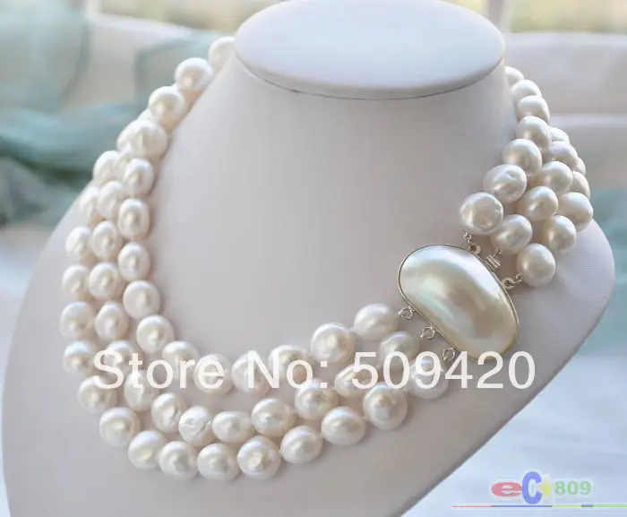 

Free Shipping >>P4117 3ROW BAROQUE WHITE FRESHWATER PEARL NECKLACE MABE