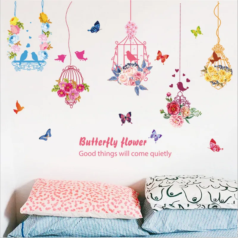 New 3d Butterfly Flying Flower Hanging Bird Cage Wall Sticker Living Room Bedroom Decorations Wallpaper Mural Removable Stickers | Дом и сад