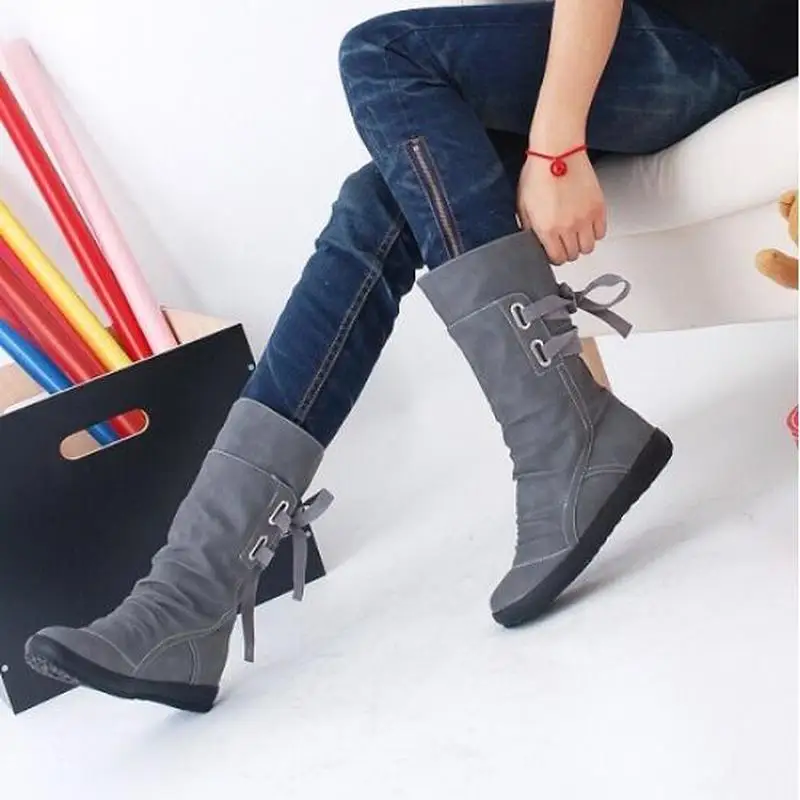 

Elegant New Fashion Women Autumn Winter Boots Mid-Calf Solid Flat with PU Boots Warm Fur Inside Ladies Botas Mujer Size 34-43