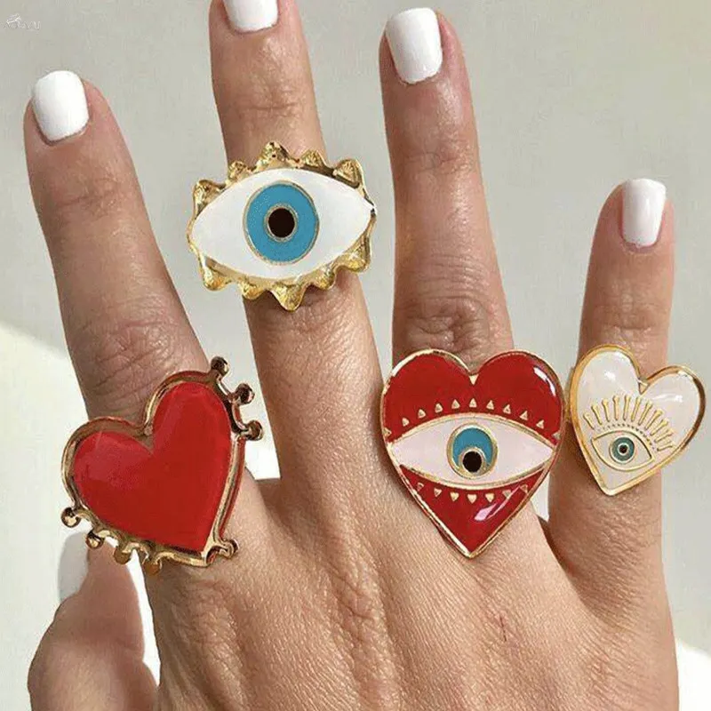 AOMU милые Преувеличенные Глаза сердце кольца для женщин Мода массивные кольца открытие регулируемая Вечеринка ювелирный набор