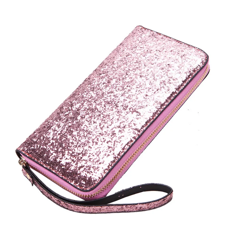 Hot Selling Women Long Wallet Sparkly Sequins PU Leather Bag Hand-held Phone Card Holder-B5 - Color: Pink