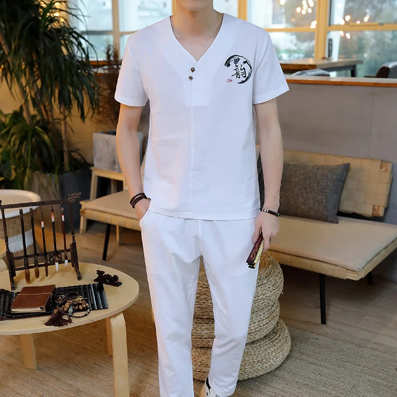  embroidery men two-piece Summer short-sleeved men tshirt with drawstring strap Ankle Length pants W