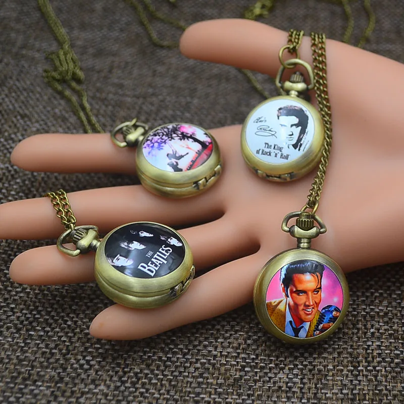 

Wholesale Fashion Pocket Watches Necklace Pendant Women Quartz Fob Watch Bronze the Elvis Presley Skull Marilyn Monroe