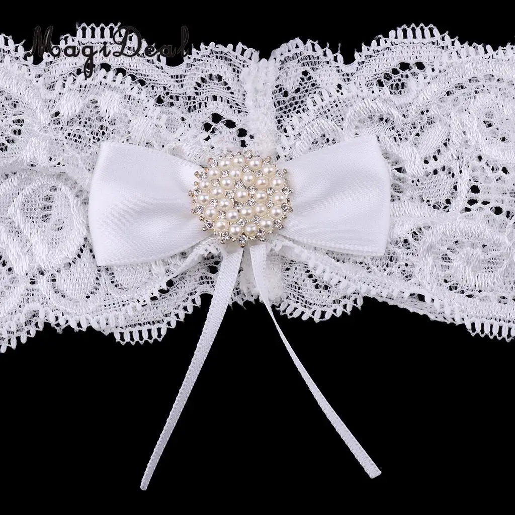 MagiDeal Romantic Wedding Bridal Lace Garter Pearls Rhinestone Bow Garter White