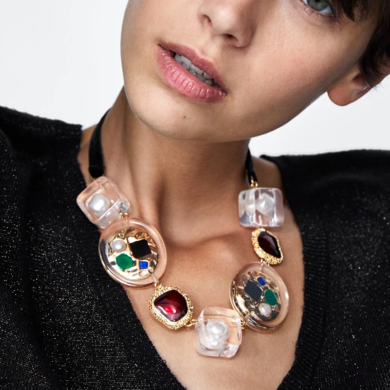 

FASHIONSNOOPS ZA Geometric Chokers Women Boho Multicolored Transparent Maxi Metal Statement Pendant Necklace Party Jewelry