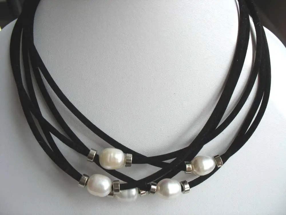 5PCS freshwater pearl white  and black line 9-13mm 18inch necklace wholesale nature beads FPPJ