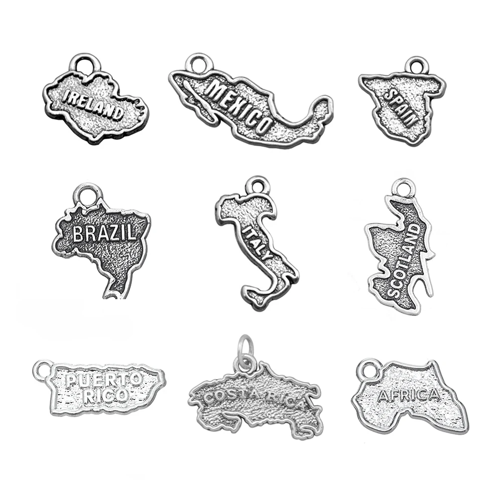 

Antique Silver Charms for Jewelry Making Nation Map SPAIN IRELAND ITALY MEXICO AFRICA BRAZIL Scotland Pendant DIY Accessories