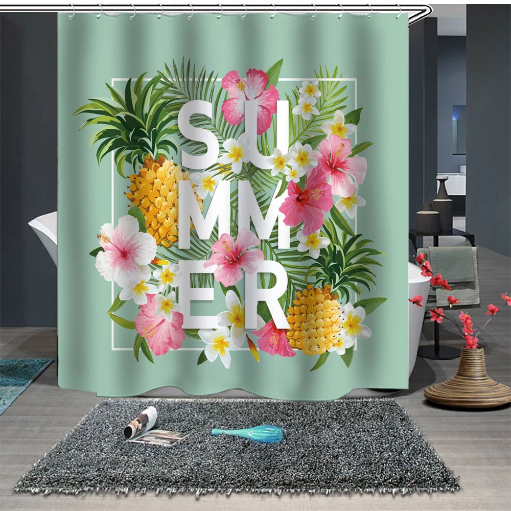 

Custom Made Shower Curtain Bathroom Curtain Partition 1.5 x 1.8m 1.8 x 1.8m 1.8 x 2m Pineapple Floral Green