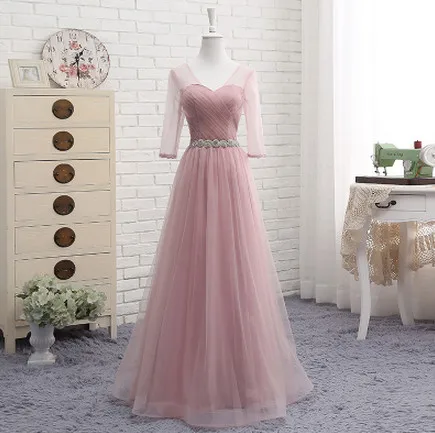 Robe De Soriee новое розовое платье подружки невесты, длина до пола, пышное сексуальное с украшением в виде кристаллов на талии со складками невесты для торжеств элегантные вечерние платья - Цвет: C