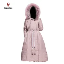 Новинка года, женские зимние длинные пуховики с меховым воротником с капюшоном, женское теплое пуховое пальто с зауженной талией, серый, розовый, PQ088