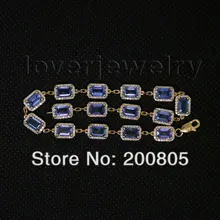 Цельный браслет из желтого золота 14 к, настоящий бриллиантовый синий сапфировый браслет, браслет с драгоценными камнями изумрудная огранка 4x6 мм для женщин NA2