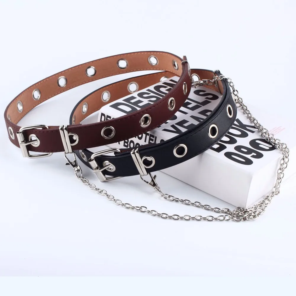 

Women Fashion Belt Adjustable Black Double/Single Eyelet Grommet Leather Buckle Belt
