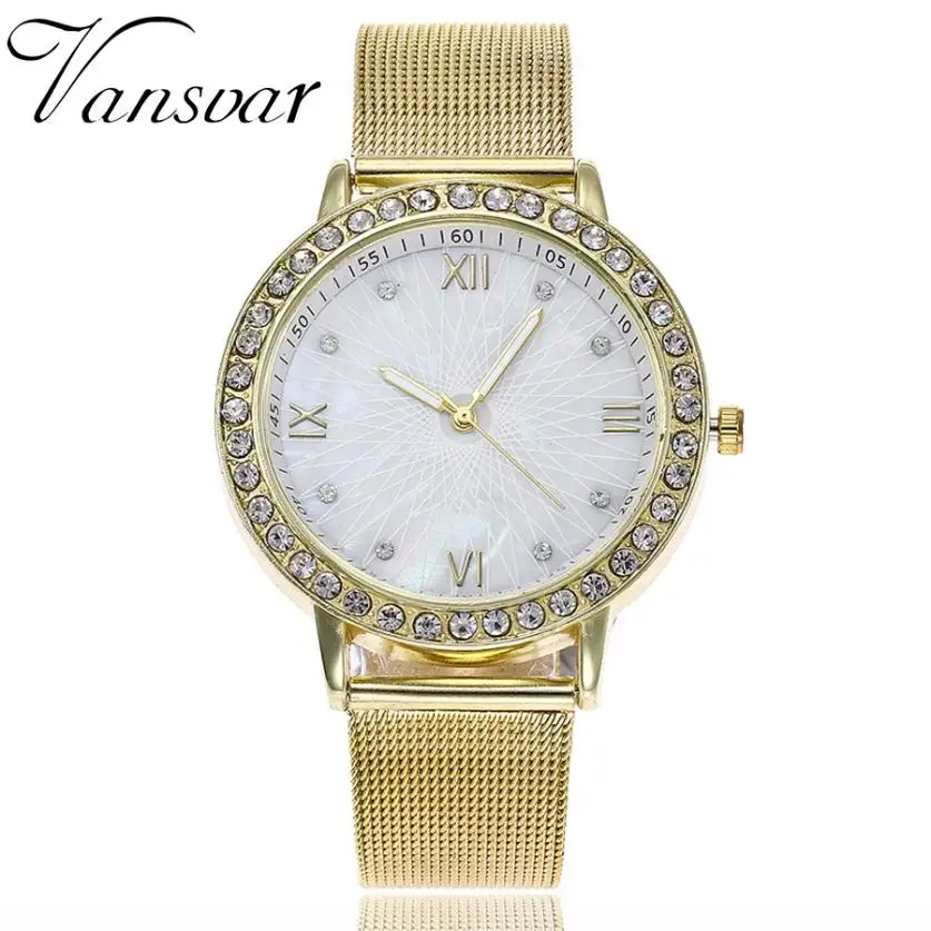Buy vansvar Gold Sliver Quartz watch Mesh belt Casual