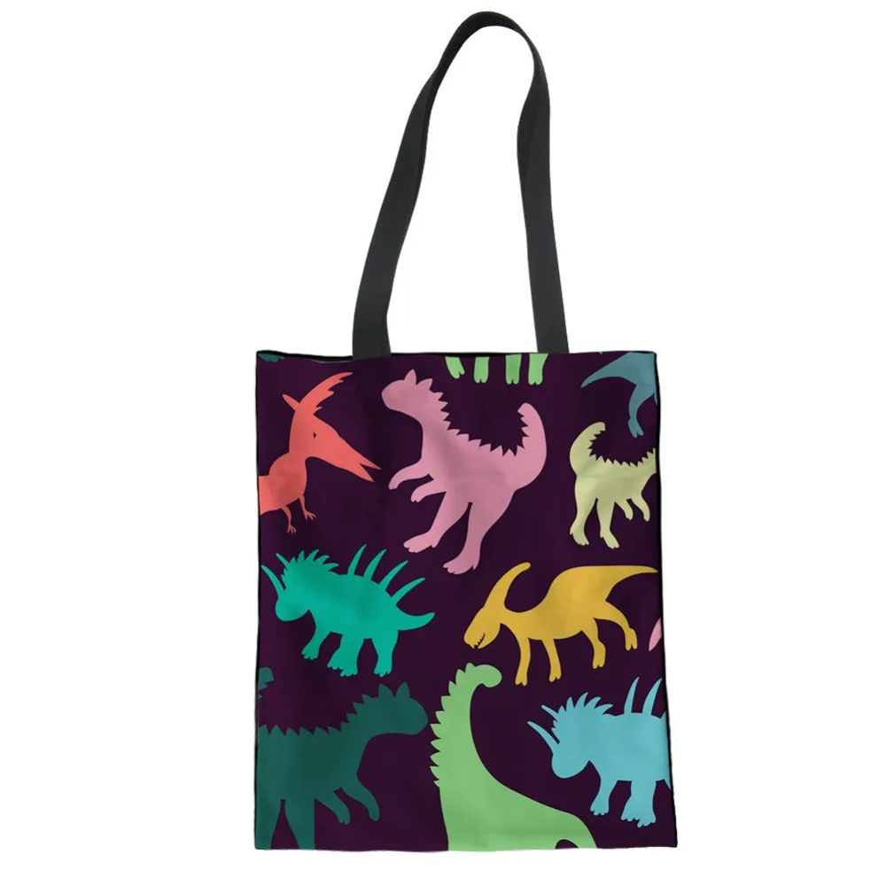 

Women Reusable Linen Bags Cute Cartoon dinosaur Printing Large Storage Shoulder Bag For Teenagers Causal Shopping Tote
