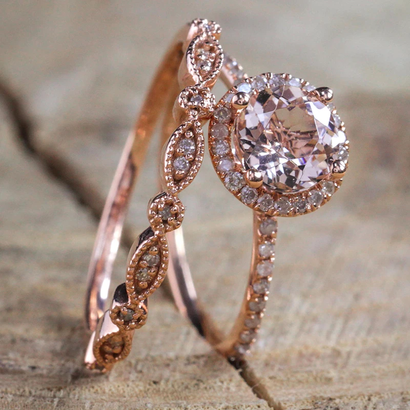 2 Pcs/Set Crystal Ring Jewelry Rose Gold Color Wedding Rings For Women