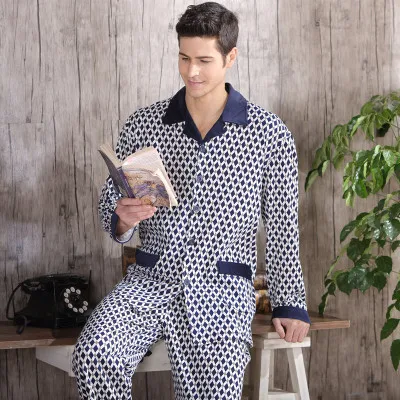Мужская Ночная рубашка для сна, пижама, хлопковый кардиган с длинными рукавами, Пижама для мужчин, пижамный комплект для отдыха - Цвет: 6056 Blue