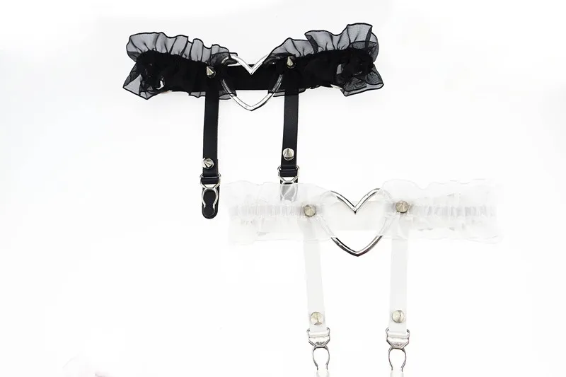 

Sexy Harajuku Handmade Heart Matel Lace Garter Punk Studded Garter Belt Thigh Leg Black White Pink