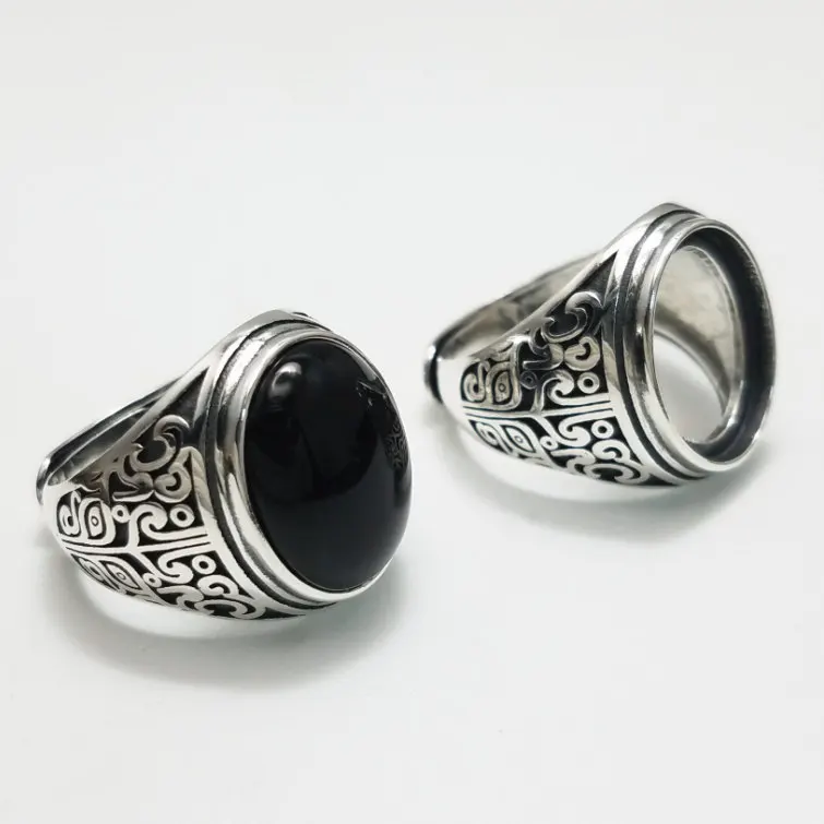 

Natural Black Onyx Stone Solid Silver 925 Ring Men Women 100% Real 925 Sterling Silver Cuff Ring Vintage Thai Silver Male Bijoux