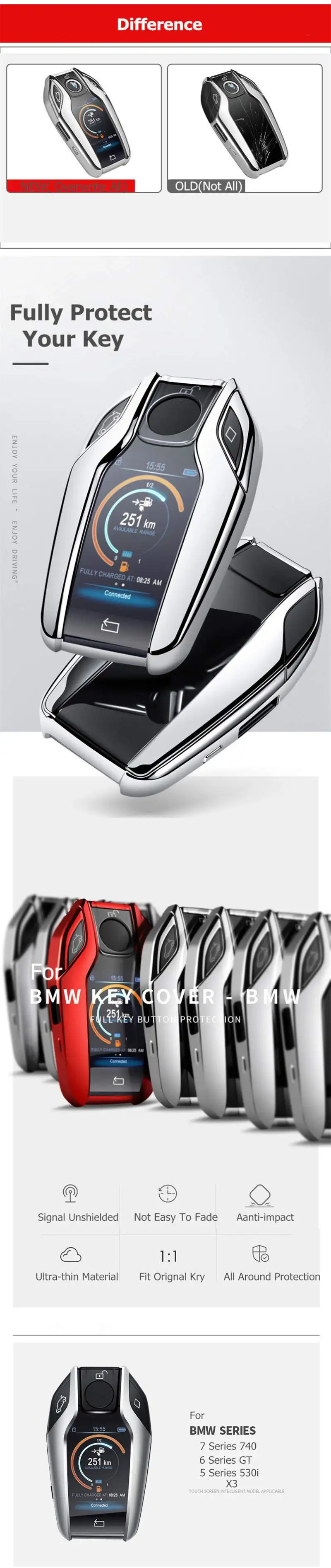 Чехол для автомобиля из ТПУ с полным ключом, чехол для ключей с дистанционным управлением для BMW 7 Series 740 6 Series GT 5 Series 530i X3