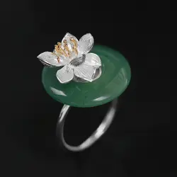 CMAJOR 925 пробы серебро, нефрит кольцо с цветком лотоса для Для женщин, ручная работа, хорошее ювелирное изделие