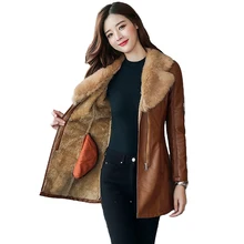 Осенне-зимняя кожаная женская куртка из флока, плотное теплое пальто из искусственной кожи, верхняя одежда с воротником из натурального меха, женские тонкие Топы N252