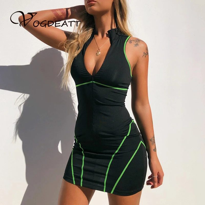 

2019 Summer Fashion Short Sun Dress Women Sexy Zipper V Neck Sleeveless Bodycon Sports Mini Beach Dress Black Dress Vestidos