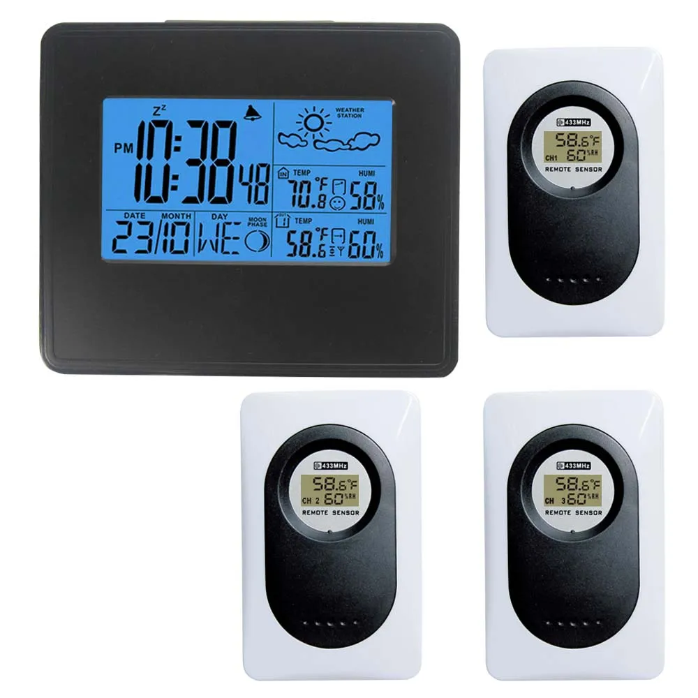 

DCF Radio Controlled Weather Station Black Clock Weather Forecast Backlight Clock Indoor Outdoor Temperature Humidity Monitor