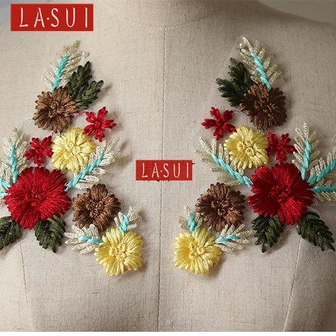 

LASUI new 2 pieces= 1 pair =10*17 CM Top Ribbon embroidery lace applique 3D flowers clothing design patch DIY accessories 0087