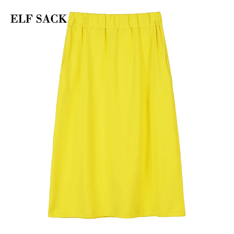 ELFSACK, зеленая, чистая, корейский стиль, повседневная, шикарная, прямая юбка для женщин,, летняя мода, желтая, Ins, Harajuku, женские юбки