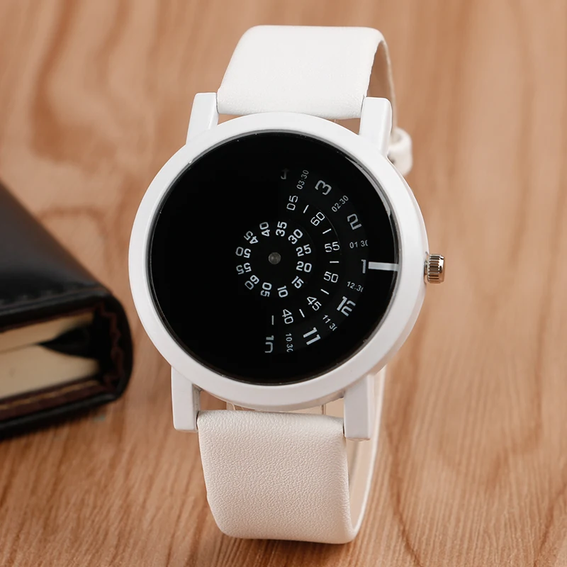 

Fashion Clock Unique Turntable White Leather Band Strap Wristwatch Creative Dial Outdoor Sport Quartz Watch For Unisex