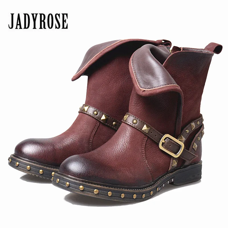 

Jady Rose 2020 New Genuine Leather Autum Winter Boot Women Flat Riding Boots Rivet Studded Belt Platform Rubber Shoes Woman