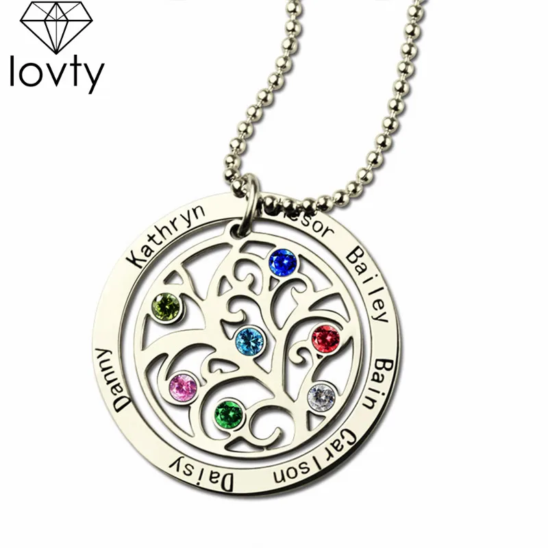 

lovty Birthstone Family Tree Necklace Personalized Mother Necklace Engraved Our Family Name Necklace Custom Nameplate Jewelry