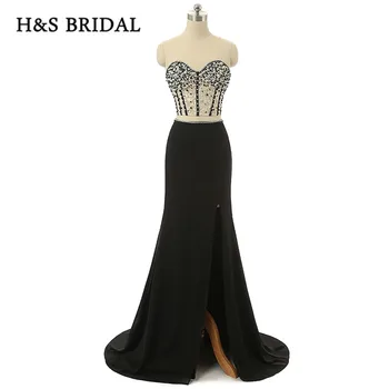 

H&S Bridal Black Chiffon Side Slit Two Pieces Party Prom Dresses Sheer Lace Pearls Beaded Sexy 2 Pieces Evening Gowns